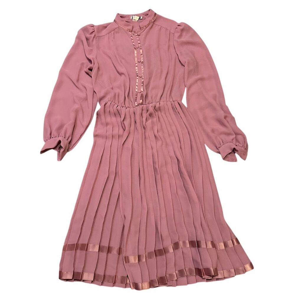 Emmea Domil Women's 80's Pink Chiffon Pleated Midi Dress Size L‎